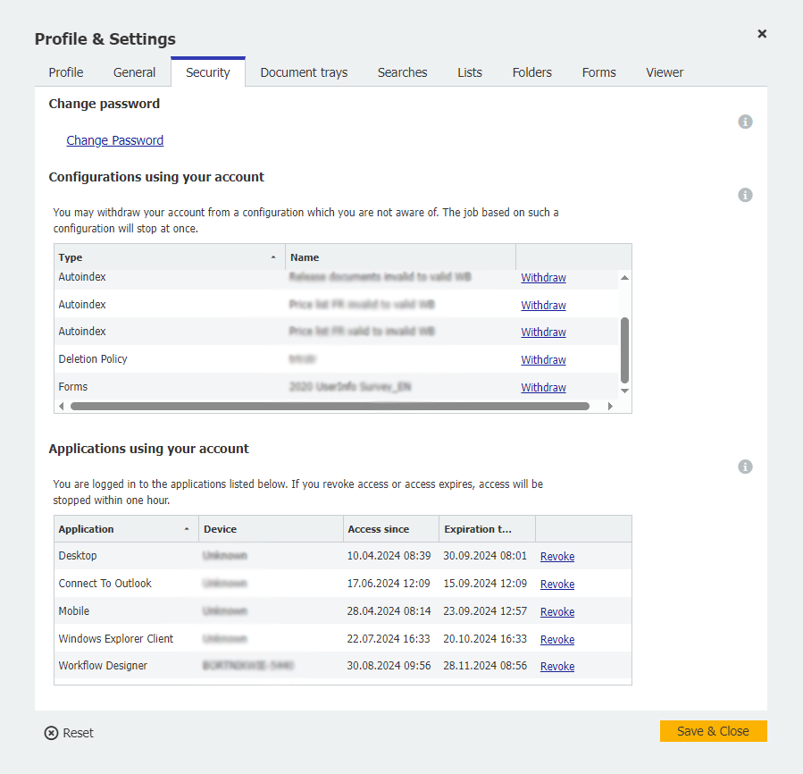 Security tab under profile and settings